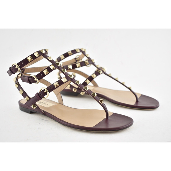Valentino Rockstud Red Burgundy Leather Triple Strap Gladiator Flat Sandal 35 - Picture 4 of 12